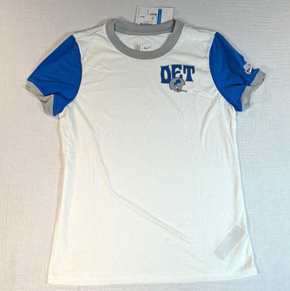 Nike Detroit Lions NFL Womens Short Sleeve Shirt White Blue Gray Size M